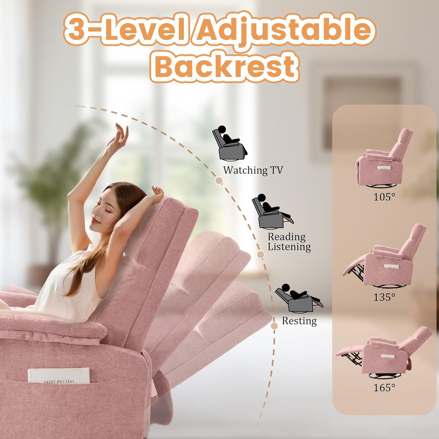 Korser Recliner Chair, Swivel Rocking Recliner Chair for Adults, Glider Rocking Chair, Small Nursery Chair Recliner for Living Room, Reclining Chair with Modern-Designed Armrests, Chenille, Beige
