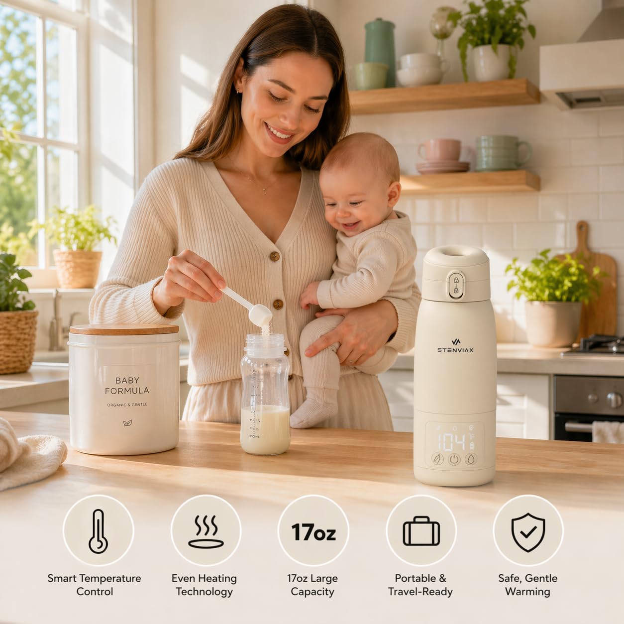 Portable Bottle Warmer for Travel & Night Feeding, Baby Milk Warmer with Built-in Sterilizer, 70 Sec Breast Milk Warming, 2 Min Formula Water Heating, 14,000mAh Battery, 15+ Feeds, 17 oz Capacity