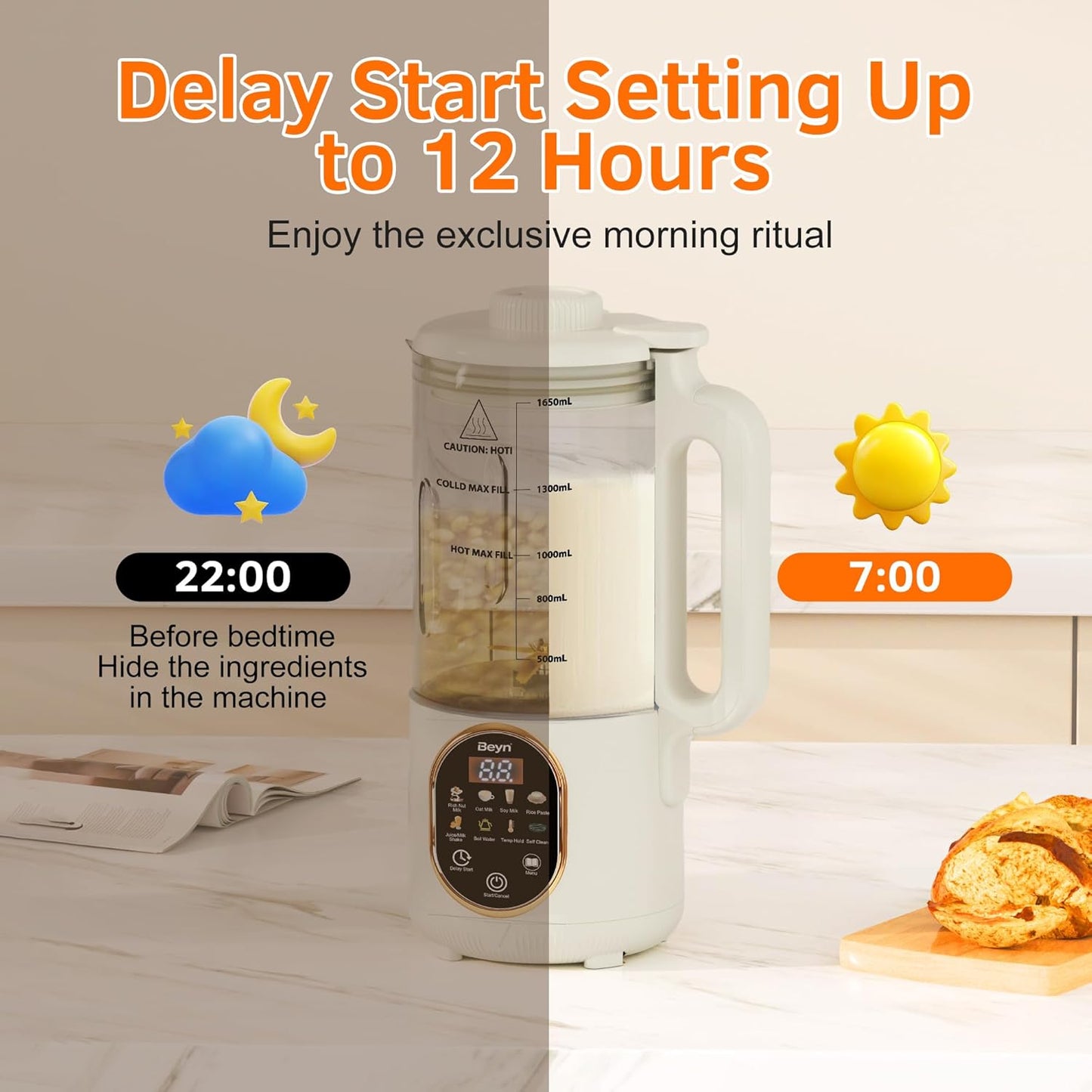 Beyn 10-in-1 Automatic Nut Milk Maker Machine, 60oz Large Capacity with 𝟒𝟖 𝐓𝐢𝐭𝐚𝐧𝐢𝐮𝐦 Blades & Self-Cleaning. for Homemade Almond, Soy, Oat Milk, Milkshake (Cream)