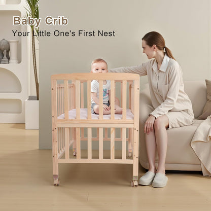 Flwrgirl Baby Bassinets Bedside Sleeper - Portable Pine Wood Bedside Bassinet with Mattress,3 Heights Small Mini Crib,Baby Crib for Newborns,Unpainted | Pine Wood Bassinet, Mattress Included, 3-IN-1 Convertible, Adjustable Height, Locking Wheels, Portalbe