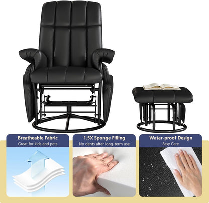 AODAILIHB 360° Swivel Glider Recliner with Ottoman, Nursing Glider Rocking Chair with Foot Rest & 2 Side Pockets for Nursery, Living Room, Bedroom, Office, White