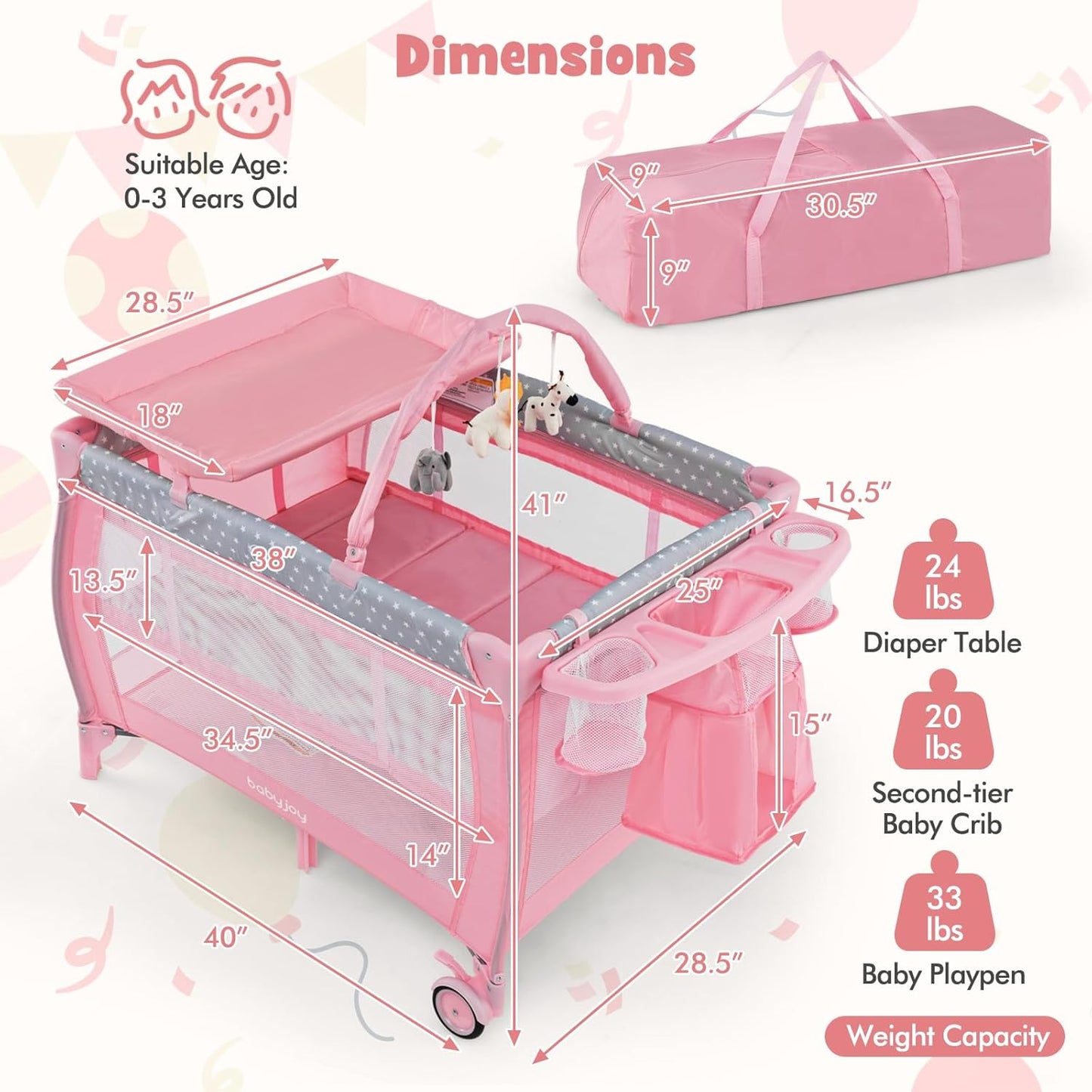 BABY JOY 3 in 1 Portable Pack and Play with Bassinet, Convertible Baby Travel Crib Playard with Changing Table, Brake Wheel, Newborn Napper with Large Capacity Storage Shelf, Oxford Carry Bag