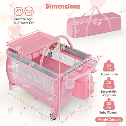BABY JOY 3 in 1 Portable Pack and Play with Bassinet, Convertible Baby Travel Crib Playard with Changing Table, Brake Wheel, Newborn Napper with Large Capacity Storage Shelf, Oxford Carry Bag