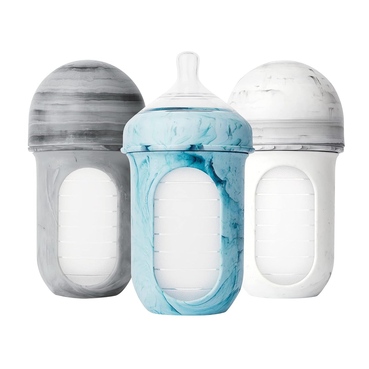 Boon Nursh Reusable Silicone Pouch Baby Bottles - Medium Flow Nipple - Silicone Baby Bottle Pouch and Nipple - Baby Feeding Essentials - Gray - 3-6 Months - 3 Count - 8 Ounce