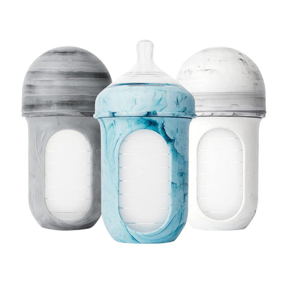 Boon Nursh Reusable Silicone Pouch Baby Bottles - Medium Flow Nipple - Silicone Baby Bottle Pouch and Nipple - Baby Feeding Essentials - Gray - 3-6 Months - 3 Count - 8 Ounce