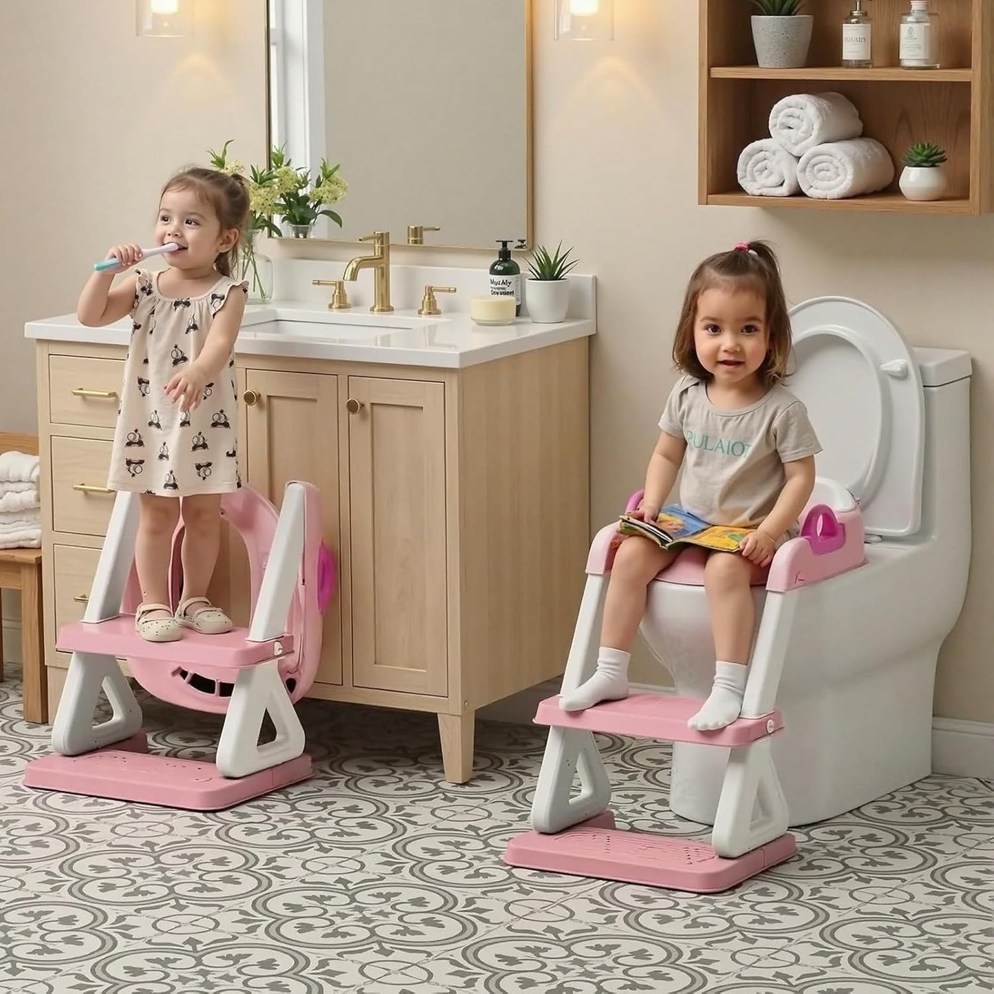 Potty Training Toilet Seat with Step Stool Ladder for Boys and Girls, 2 in 1 Potty Training Toilet, Splash Guard Anti-Slip Pad Step Stool（Gray-White) Pedal Upgrade
