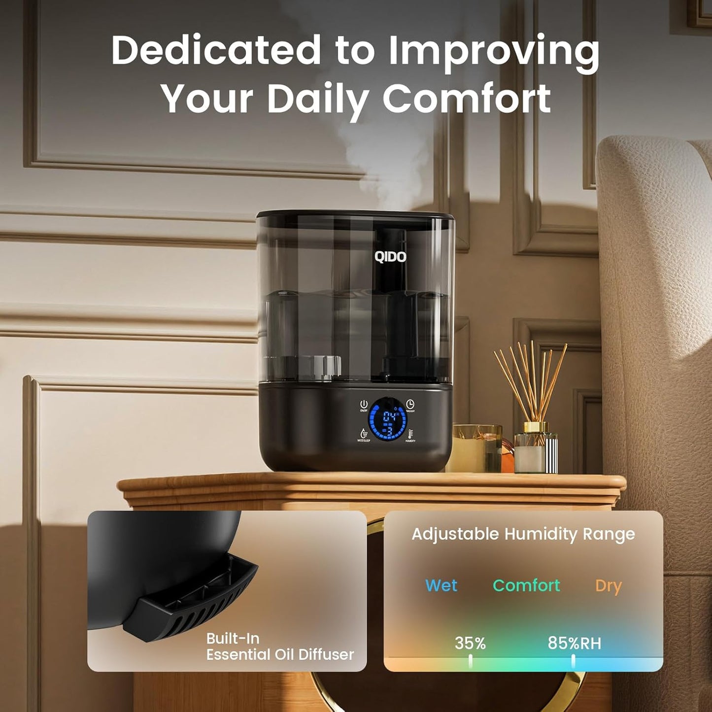 COMHOMA Top Fill Humidifiers for Bedroom, 5L Tank for Large Room, Easy to Fill & Clean, 28dB Quiet Cool Mist Air Humidifier for Home Baby Nursery & Plants, Touch/APP/7-color Nightlight, 36H, White