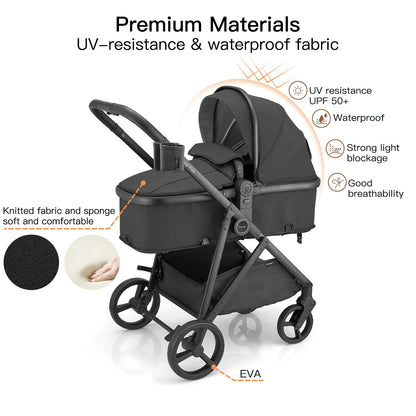 Gromast 3-in-1 Baby Stroller, Convertible Stroller for Newborn Infant Toddler with Reversible Seat, UPF 50+ Canopy & Cup Holder - Black