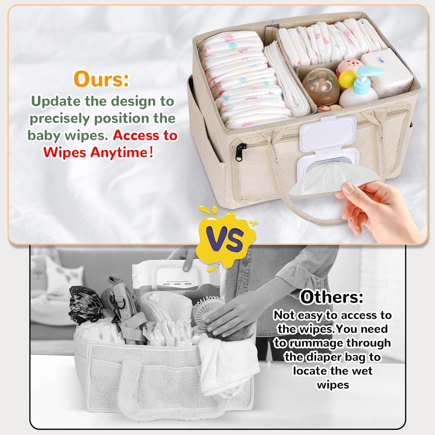 Volnamal Diaper Caddy with Wipe Dispenser One-Handed Access, Premium Diaper Organizer, Portable Car Organizer Nursery Basket for Newborn Essentials, Baby Registry Must Haves for Boys & Girls,Grey