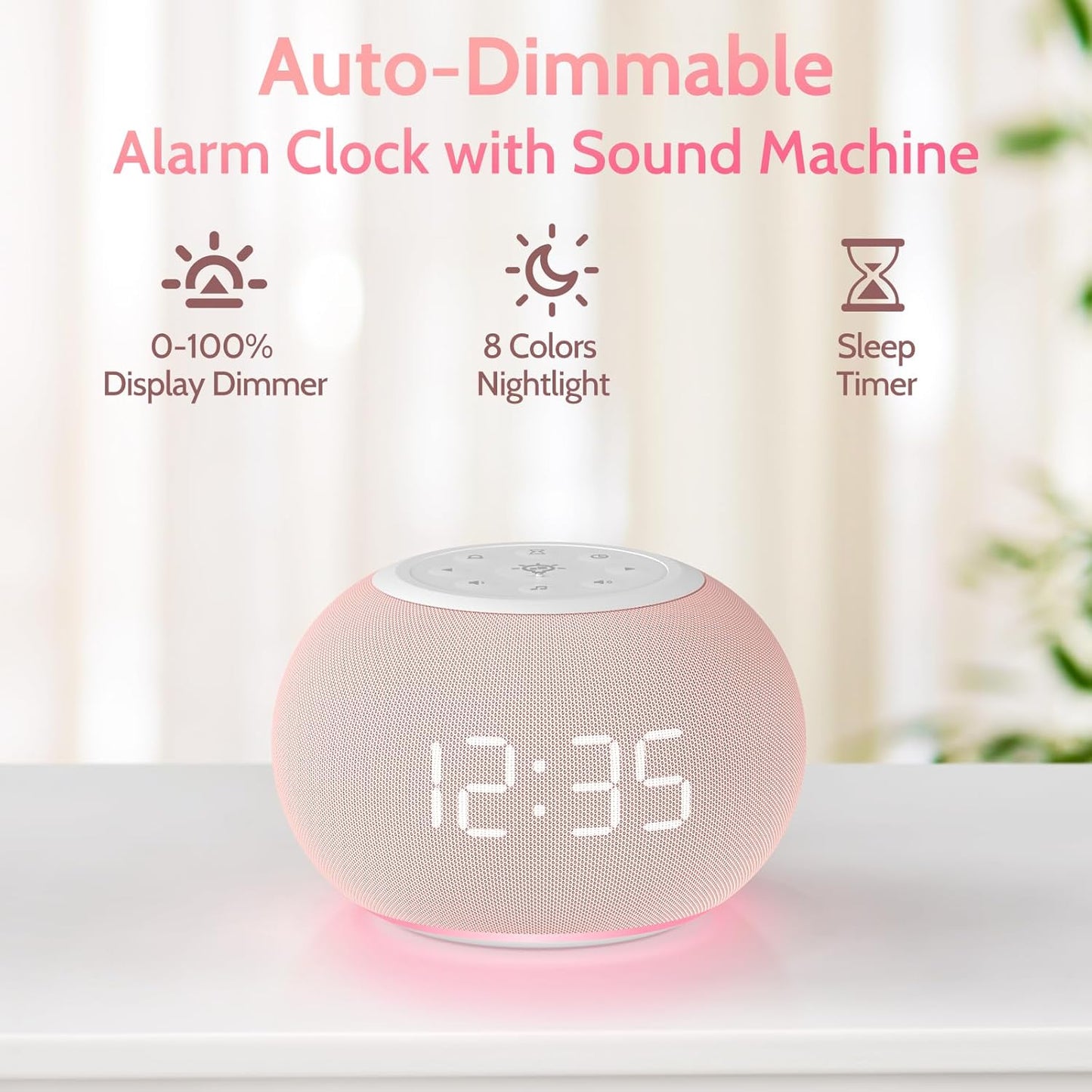 Reacher Auto-Dimmable Alarm Clock White Noise Machine with Night Light, 20 Soothing Sounds, Sleep Timer, Fabric LED Display, Precise Volume Control, Small Sound Machine for Nursery, Baby
