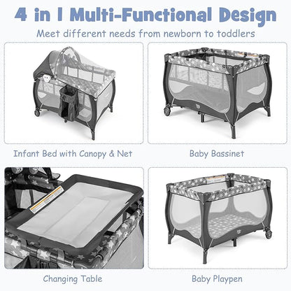BABY JOY 4 in 1 Pack and Play, Portable Baby Playard with Bassinet, Adjustable Canopy, Changing Table, Lockable Wheels, Music Box, Travel Baby Crib Bassinet from Newborn to Toddler