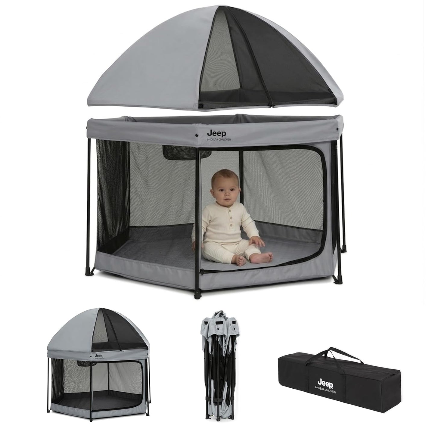 Jeep Hexagon Pop Up Play Yard with Removable Canopy | Ideal for Indoor and Outdoor Use, Olive Green
