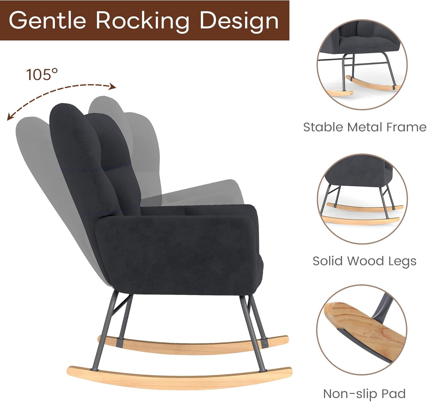 Nursery Rocking Chair, Rocking Chairs for Nursery, Baby Rocker Chair, Glider Rocker, Anti-Tip Safety Design, 440 Lb Weight Capacity, Cotton Fabric Cover, White