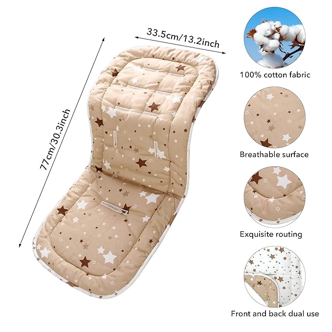 Baby Stroller Cushion,Infant Car Seat Insert-Reversible Universal Breathable and Soft Newborn seat Liner for Stroller,100% Cotton Seat Pad Liner for Newborns-34x78cm,1 Pack(White + Brown Stars)
