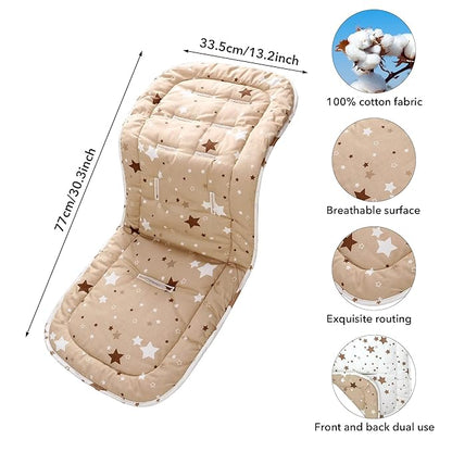 Baby Stroller Cushion,Infant Car Seat Insert-Reversible Universal Breathable and Soft Newborn seat Liner for Stroller,100% Cotton Seat Pad Liner for Newborns-34x78cm,1 Pack(White + Brown Stars)