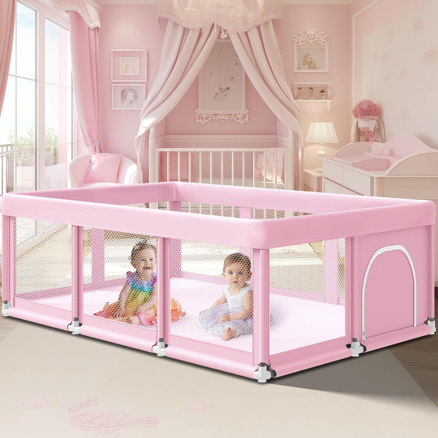 Fshibila 74" ×50" Large Baby Playpen, Baby Playard for Babies and Toddlers, Baby Fence Play Pens for Indoor & Outdoor, Sturdy Safety Play Yard with Soft Breathable Mesh, Anti-Fall, Grey