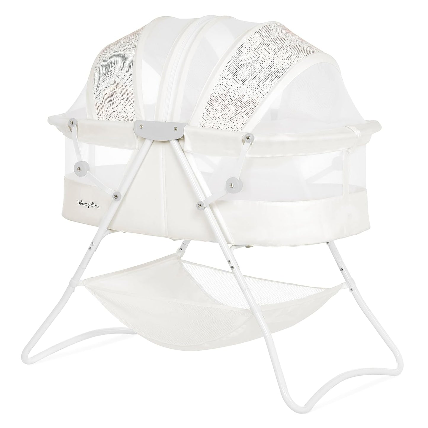 Dream On Me Karley Bassinet, Award Winner Lightweight Travel Baby Bassinet, Foldable Bedside Sleeper, Adjustable Double Canopy, Spacious Design, Soft Fabric, Storage Basket – Blue and Grey