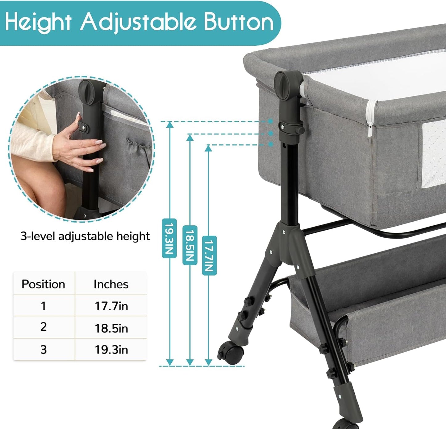 BCOL 3 in 1 Baby Bassinet Bedside Sleeper, Bedside Crib for Baby, Adjustable Baby Bassinet with Wheels, Storage Basket, Mattress, Easy Assemble & Folding Portable Baby Cradle (Grey)