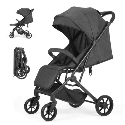 Compact Baby Stroller, Travel Toddler Seat Pushchair with Shock Absorbing Wheels, Foldable Infant Stroller with Canopy, One Button Brake, Convertible Infant Stroller for Toddler (Dark Grey)