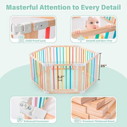 Foldable Wooden Playpen-51x51x25in-Large Baby Gate Playpen with Child-Proof Lock-Easy Assembly, Portable Design for Babies & Toddlers- Shape& Size Adjustable Baby Fence Play Area (Wood, 6 Panel)