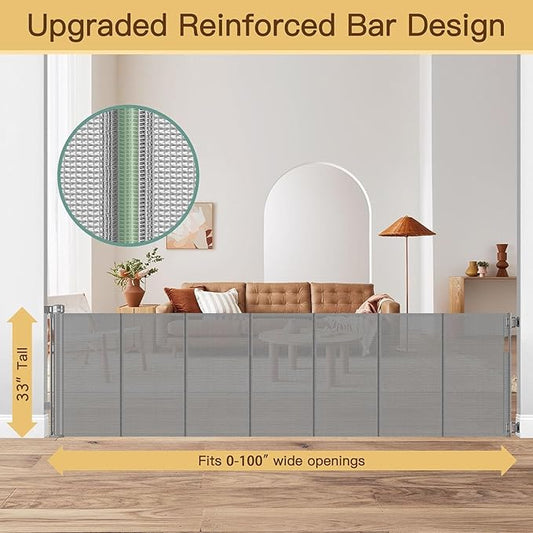 Reinforced 100 Inch Extra Long Baby Gates for Large Openings to Prevent Crawling Under, No Bottom Bar Extra Wide Retractable Baby Gate for Stairs, 8 ft Mesh Child Gate for Parent/Pet Owner Use, Gray
