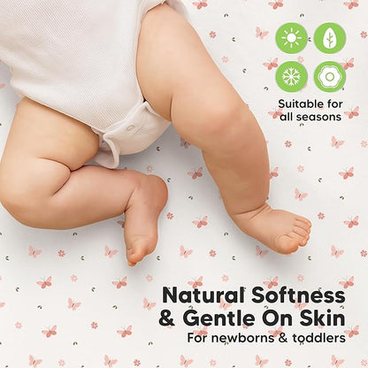2-Pack Waterproof Crib Sheets for Boys, Girls - 52x28 Fitted Organic Cotton Baby Crib Sheets, Toddler Mattress Protector Cover, Washable, Soft & Durable Baby Bedding Essentials (Butterflies)