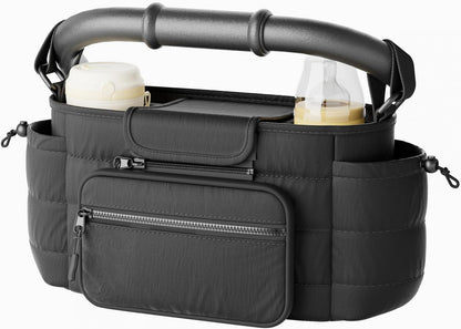 Stroller Organizer Caddy with Insulated Cup Holder & Detachable Phone Purse, Lightweight Universal Stroller Caddy for Busy Moms - Black