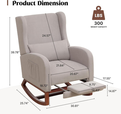 HCHAIRH Rocking Chair Nursery, Nursery Rocking Chairs with Foot Rest, Comfy Fabric Glider Rocker Nursing Chair with High Back for Nursing, Living Room, Bedroom, Beige