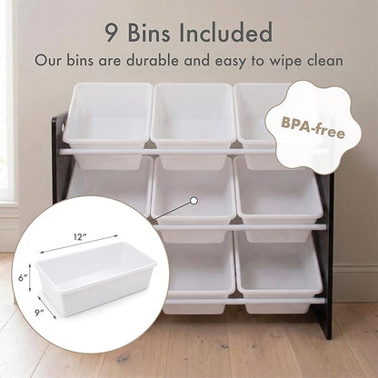 Humble Crew Toy Storage Organizer with 9 Removable Storage Bins for Kids Playroom, 3-Tier Toddler Toy Organization and Storage, Espresso/White