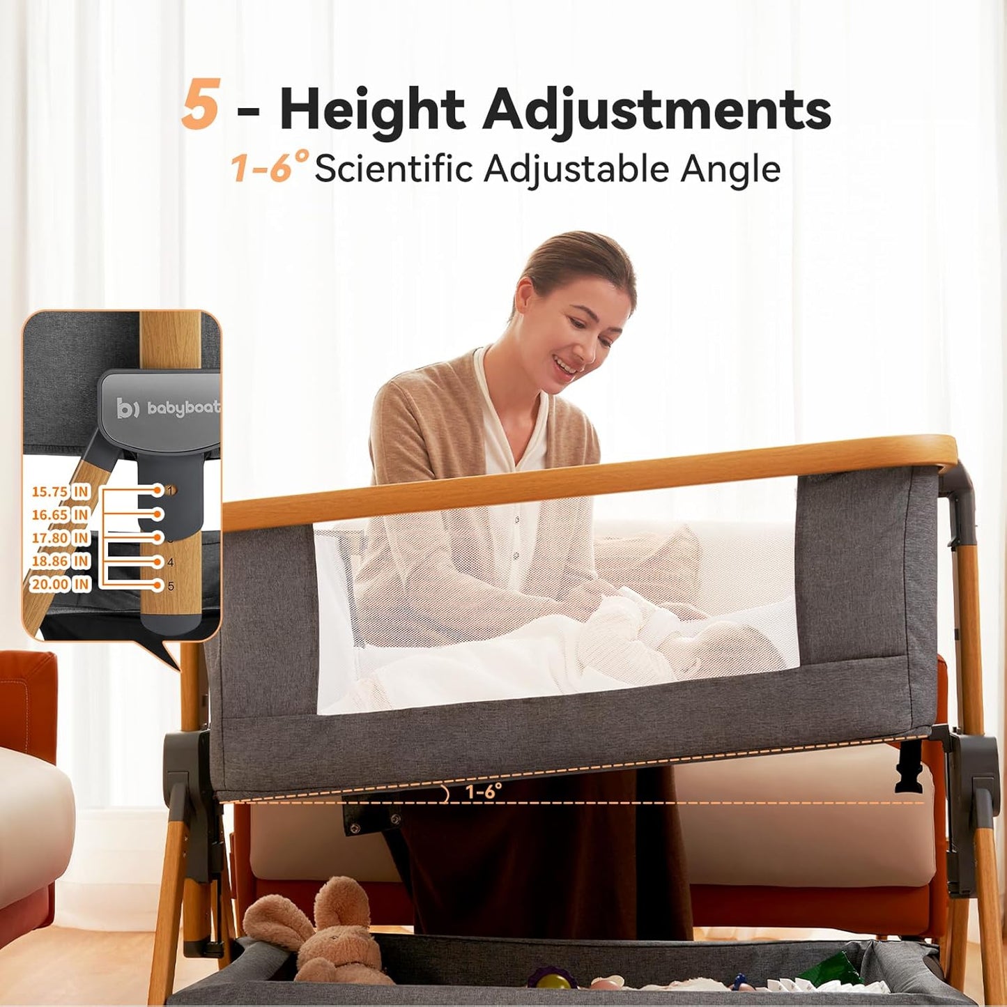 babyboat Baby Bassinet Bedside Sleeper 3 in 1 Collapsible Portable Crib with Storage Basket, Movable Wheels 5 Height Adjustable Co-Sleeper for Newborns - Grey | Soft Mattress, Collapsible Portable