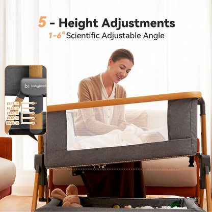 babyboat Baby Bassinet Bedside Sleeper 3 in 1 Collapsible Portable Crib with Storage Basket, Movable Wheels 5 Height Adjustable Co-Sleeper for Newborns - Grey | Soft Mattress, Collapsible Portable