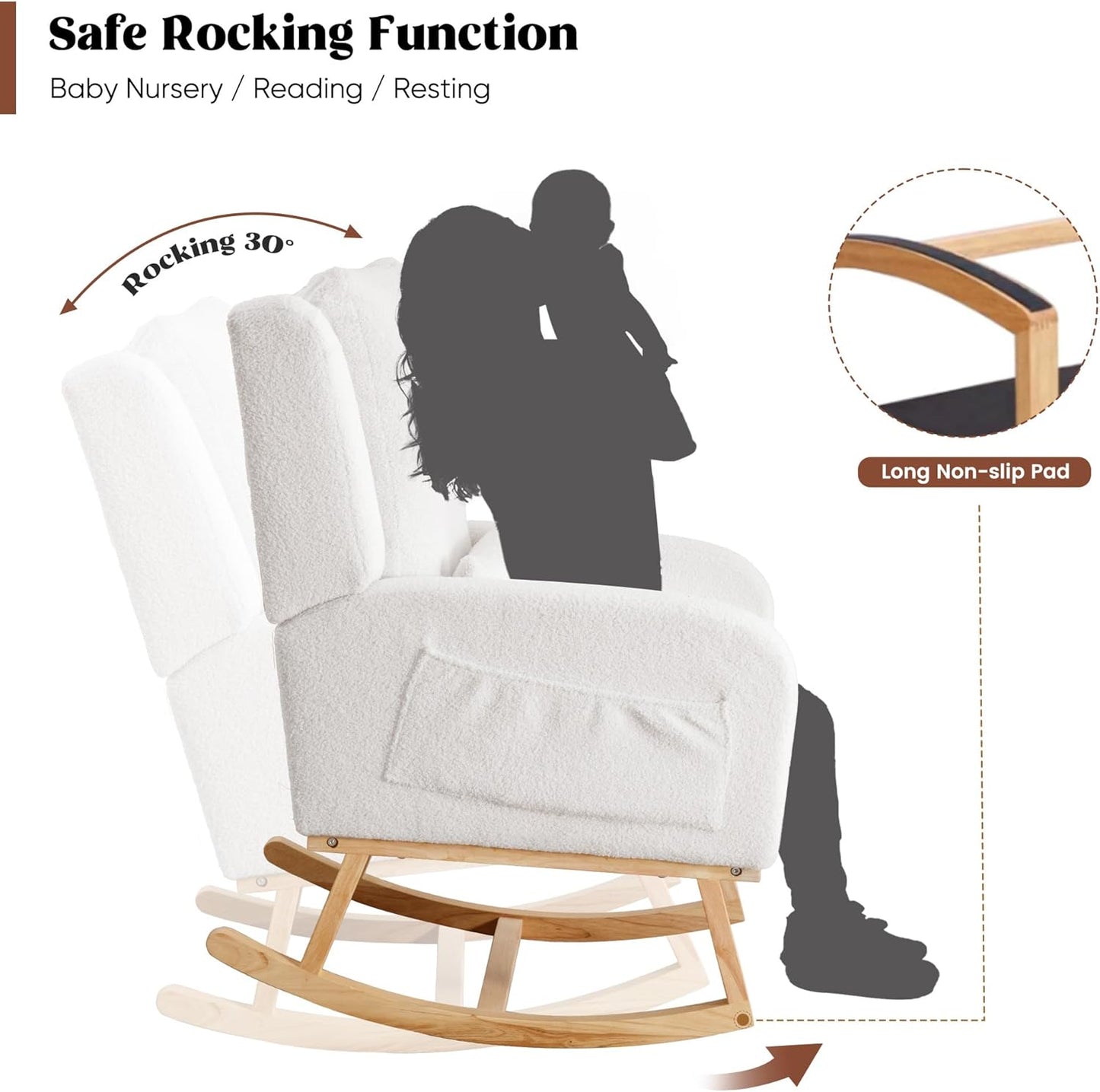 HCHAIRH Rocking Chair Nursery, Sherpa Nursing Rocking Chairs, Upholstered Nursery Glider Rocker for Mom Nursery Morden Accent Rocking Chair Pillow for Living Room,Bedroom,Teddy Light Grey