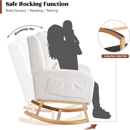 HCHAIRH Rocking Chair Nursery, Sherpa Nursing Rocking Chairs, Upholstered Nursery Glider Rocker for Mom Nursery Morden Accent Rocking Chair Pillow for Living Room,Bedroom,Teddy Light Grey