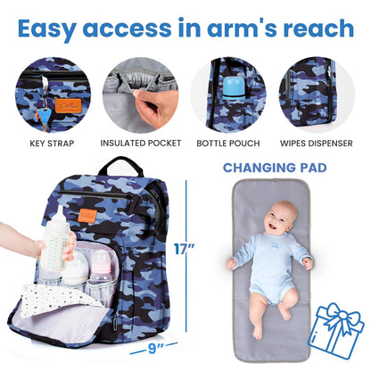 PILLANI Baby Diaper Bag Backpack - Large Waterproof Travel Diaper Bag for Boys & Girls, 16 Organizer Pockets with Changing Pad, Insulated Bottle Pockets & Stroller Straps, Baby Shower Gifts, Dinosaur