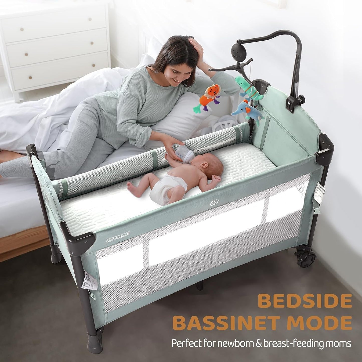 JOYMOR Baby Bedside Bassinet, Baby Bassinet, Pack n Play Convert Playpen, Quick Foldable Travel Bed with Wheels & Brake, Carry Bag for Boys Girls (Gray)