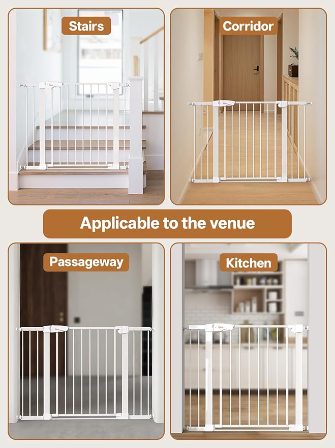 Baby Gate for Indoor Stairs & Doorways: Wide Expandable 27.9-42.1" Metal Safety Gate - Toddler Pets 30" Tall Dog Gate with Easy Install Pressure Mount Dual Lock & 2-Way Swing, White.