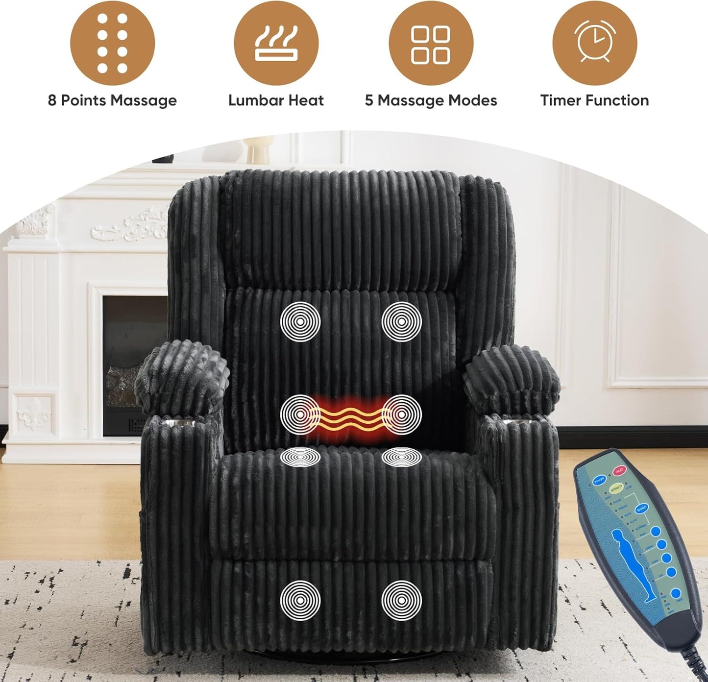 Oversized Power Recliner Chair with Massage and Heat, Swivel Rocker Recliner Chair for Adults with Arm Storage, Nursery Glider Recliner with Adjustable Headrest and Phone Stand, Side Pockets, Beige