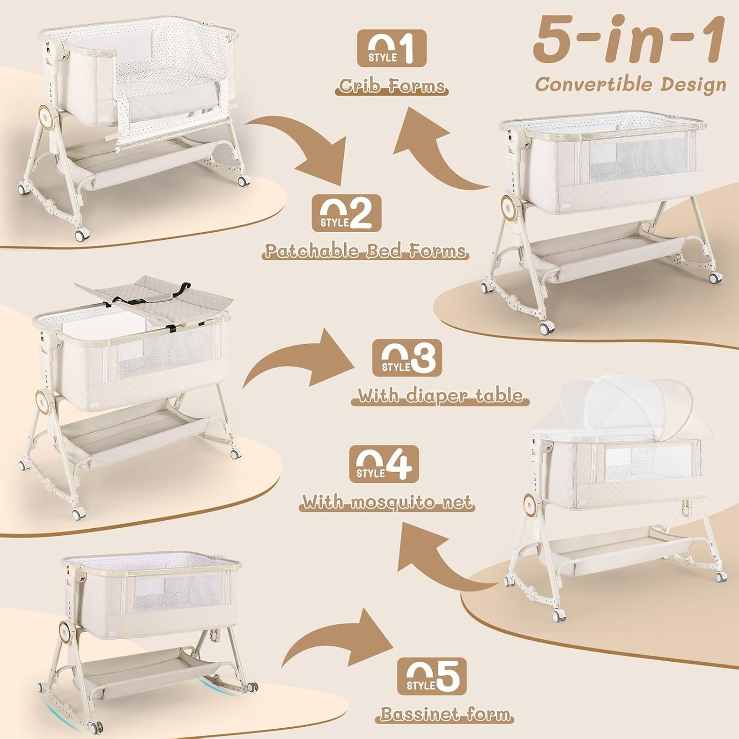 Baby Bassinet 5 in 1,Baby Bedside Bassinet with Diaper Changer, Mosquito Net, Mattress, Storage Layer, Can Be Stored in One Button Travel Crib (Beige)