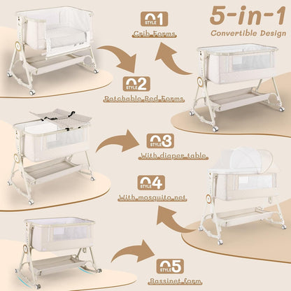 Baby Bassinet 5 in 1,Baby Bedside Bassinet with Diaper Changer, Mosquito Net, Mattress, Storage Layer, Can Be Stored in One Button Travel Crib (Beige)