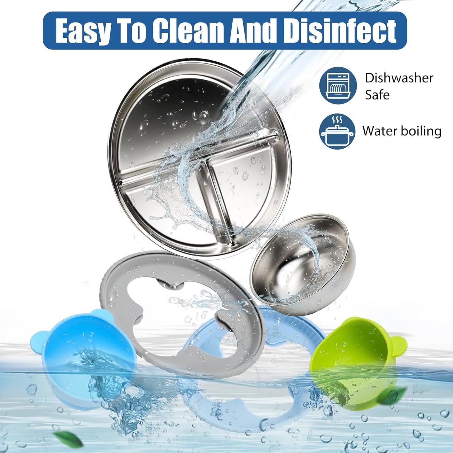 MISSLILI Stainless Steel Baby Plate and Bowls with Suction, Divided Kids Baby Plate and Toddler Bowl with Removable Silicone Suction, Non-Slip Baby Feeding Set Dishwasher Safe，4 Packs