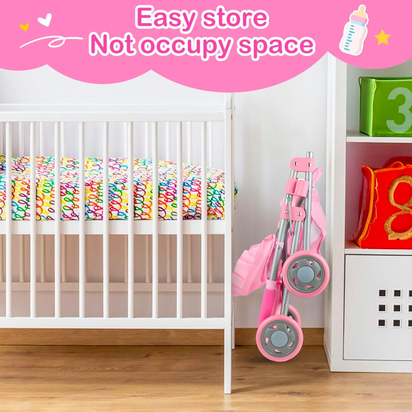 GAGAKU Baby Doll Stroller for Toddlers, Foldable Toy Stroller with Storage Basket and Bag, Diapers - Reborn Doll Accessories for Girls & Kids Ages 3+, Pink