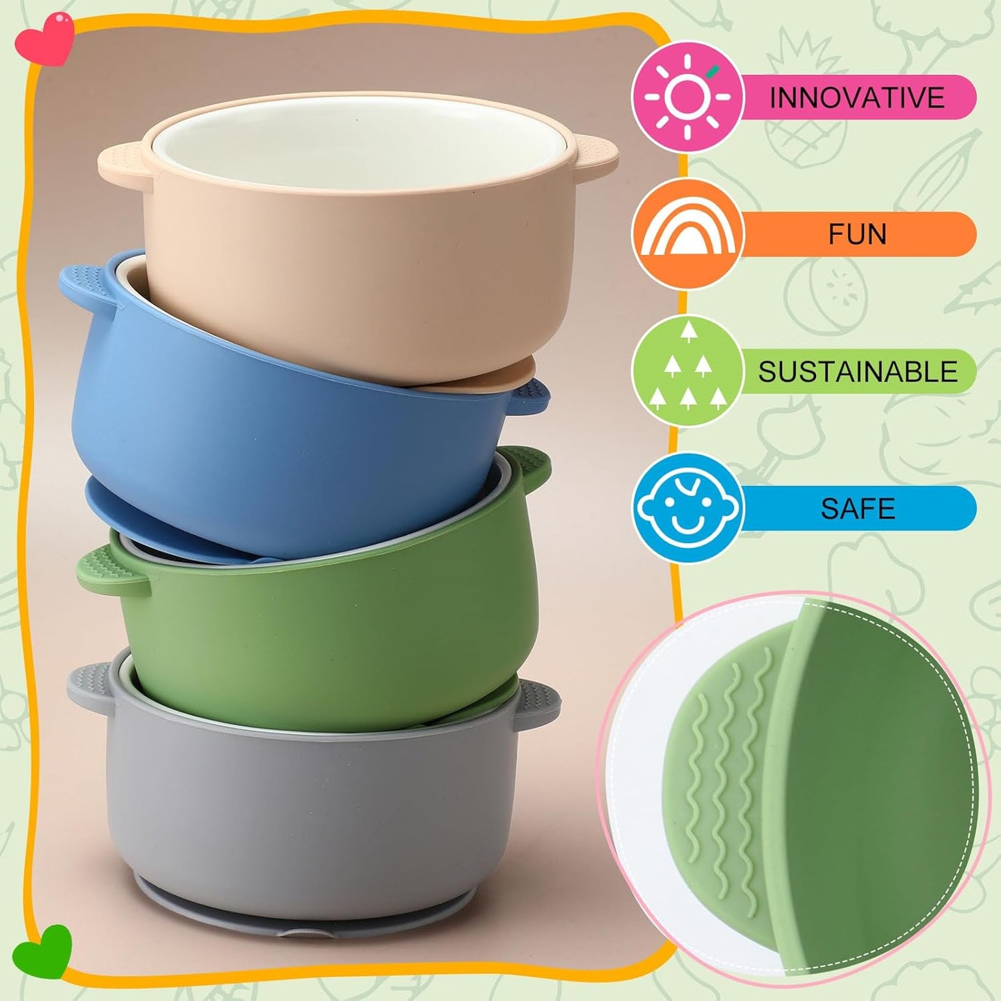 Domensi 4 Sets Kids Porcelain Bowls with Suction Sleeves Toddler Suction Bowl Upgrade Durable Microwave Dishwasher Safe Cereal Soup Snack Dishes for Baby Children Feeding Supplies (Macaron Colors)
