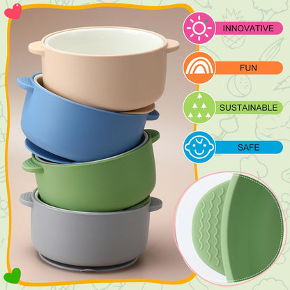 Domensi 4 Sets Kids Porcelain Bowls with Suction Sleeves Toddler Suction Bowl Upgrade Durable Microwave Dishwasher Safe Cereal Soup Snack Dishes for Baby Children Feeding Supplies (Macaron Colors)
