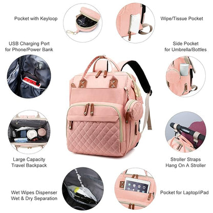 Awanhe Diaper Bag, Backpack with Changing Station, Waterproof Baby Bag for Boys & Girls, USB Charging Port for Parents, Travel Backpack Baby Essentials & Lovely Baby Shower Gifts, Pink