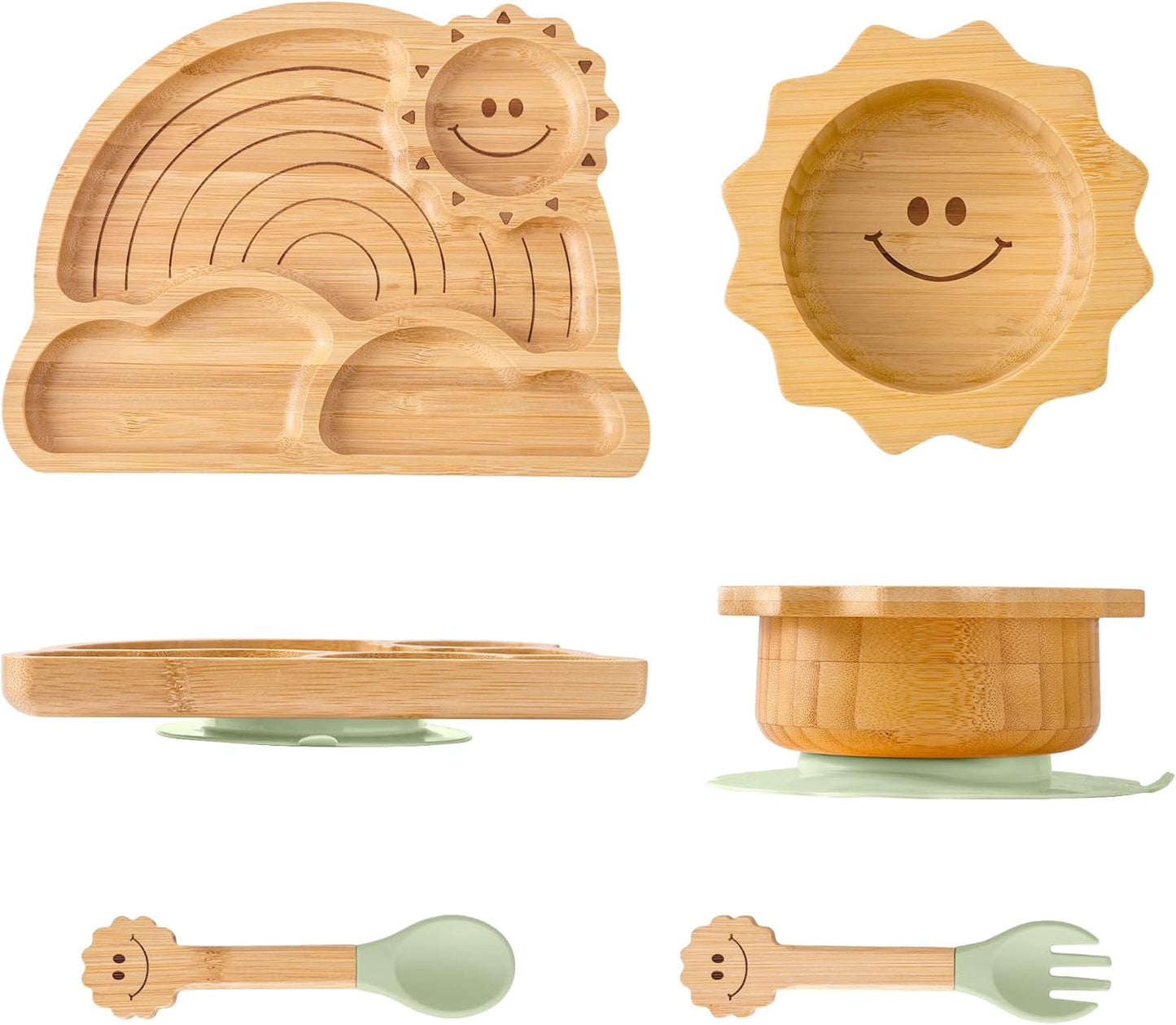 Bamboo Suction Plates Bowls Set for Baby Toddler - Includes Bamboo Bowl, Divided Plate, Silicone Fork & Spoon, All-Natural Baby Feeding Set for Baby-Led Weaning