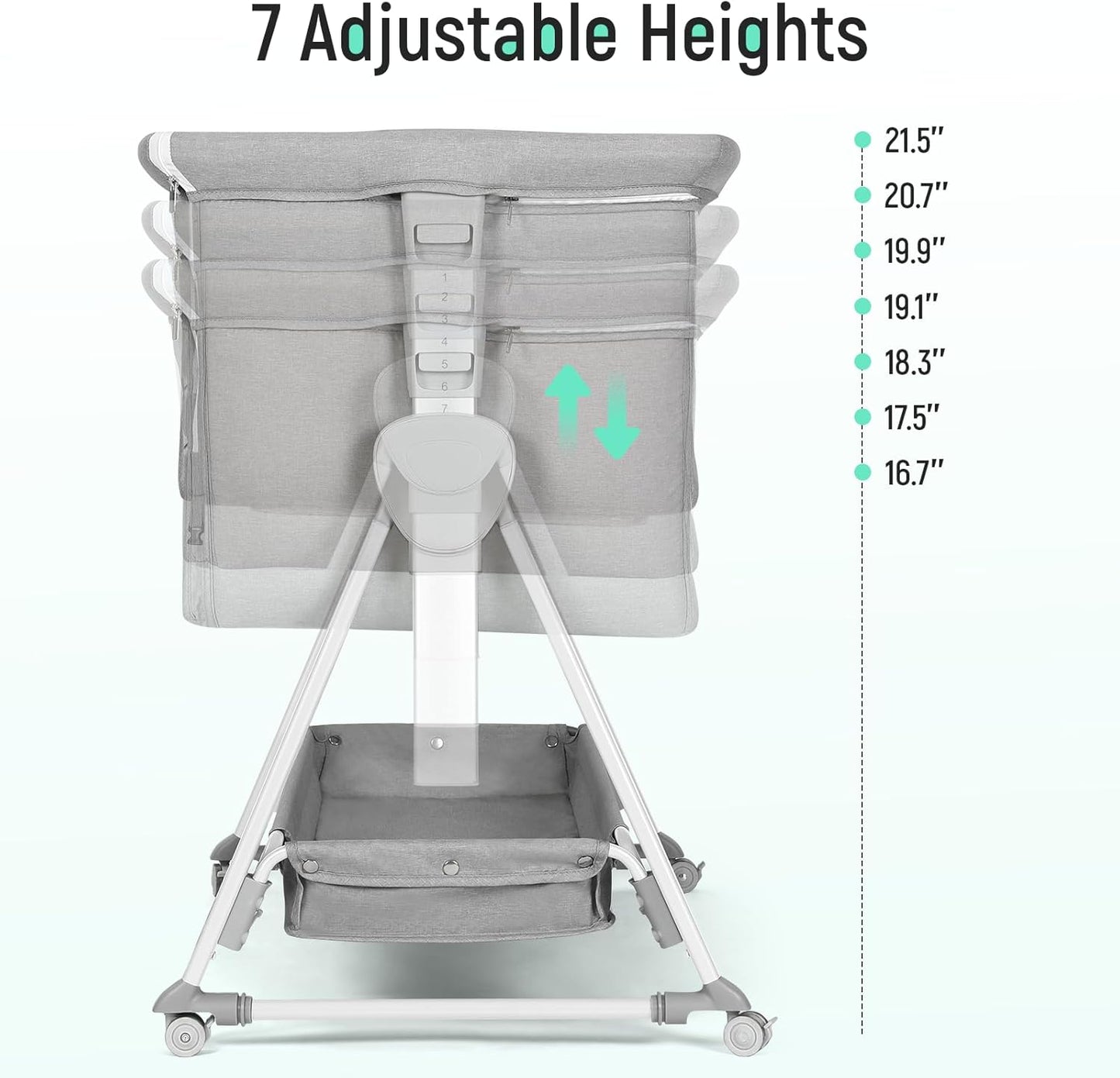 Cowiewie Bassinet Bedside Sleeper, Baby Bassinet with 7 Adjustable Height, Bedside Bassinet for Baby with Storage, Breathable Mesh & Mattress, Portable Bassinet Easy Folding (Pyramid Light Gray)