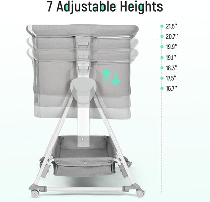 Cowiewie Bassinet Bedside Sleeper, Baby Bassinet with 7 Adjustable Height, Bedside Bassinet for Baby with Storage, Breathable Mesh & Mattress, Portable Bassinet Easy Folding (Pyramid Light Gray)