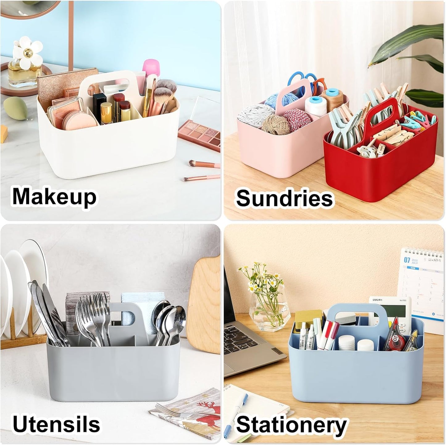 Multiuse Caddy Organizer with Handle, Portable Divided Plastic Tote Bin - Art Craft, Stationary Pen Marker Crayons, Makeup Hair Supplies Storage - Bathroom, Classroom, Dorm, Office, Desk Holder - Pink
