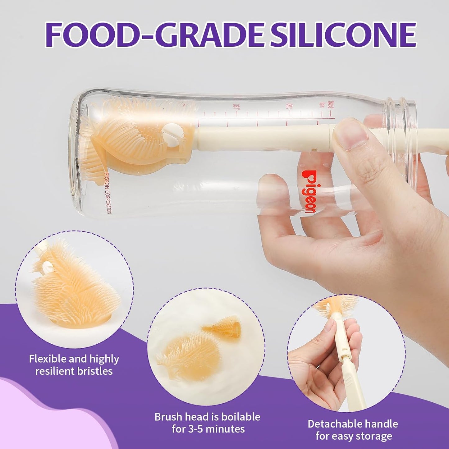 VOOWO Baby Bottle Brush & Drying Rack, Portable Travel Kit - Silicone Bottle & Nipple Brush Set, Straw Cleaner (Purple)