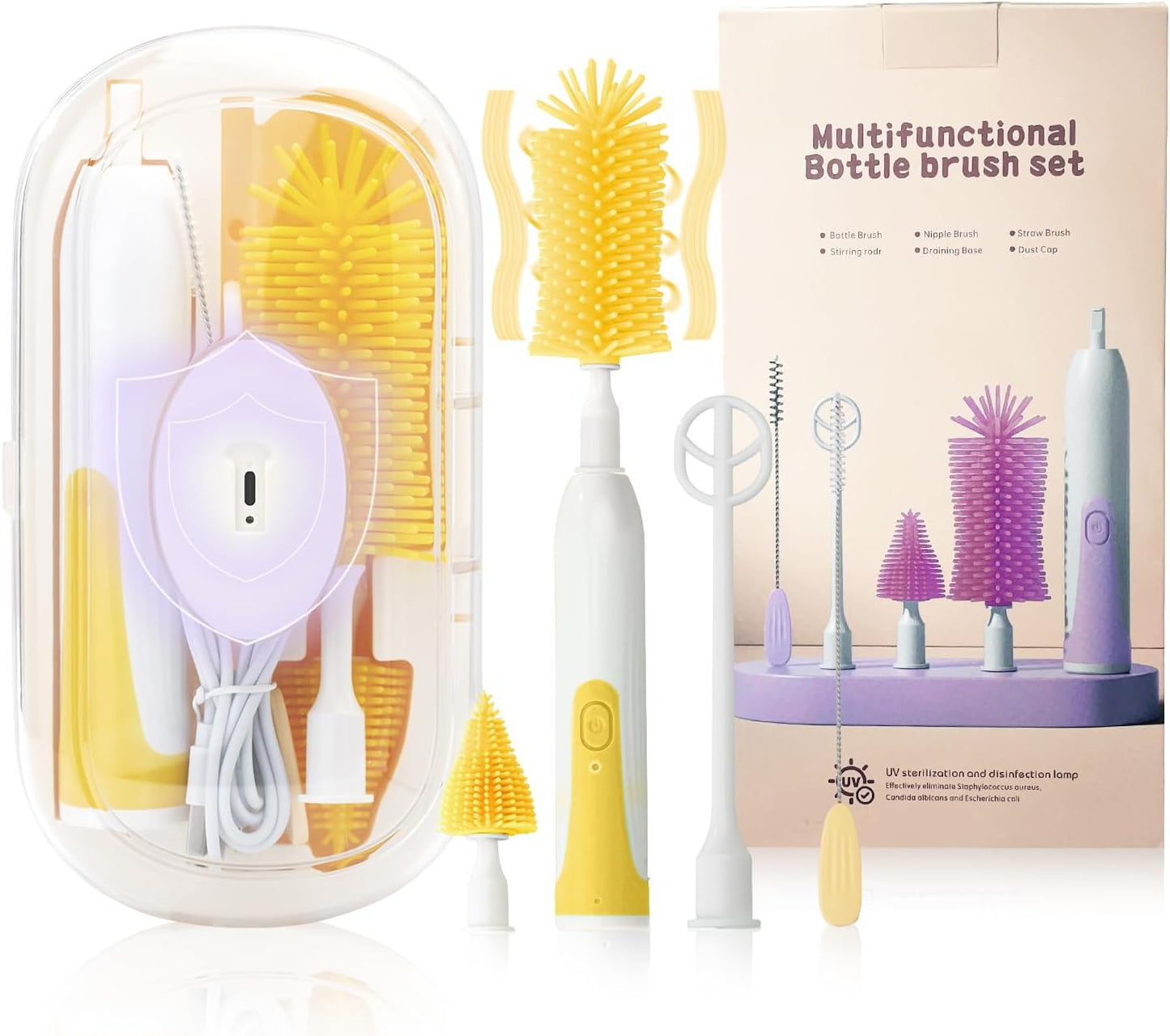Electric Bottle Brush,Electric Baby Bottle Brush Set with Silicone Bottle/Pacifier/Straw Brush and Mixing Head, Water Bottle Cleaner Brush with Drying Rack, 2 Modes & 360° Rotation (Green)